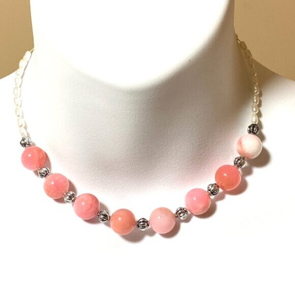Beaded Dyed Pink Agate & White Freshwater Pearl Adjustable Choker - Picture 2 of 14